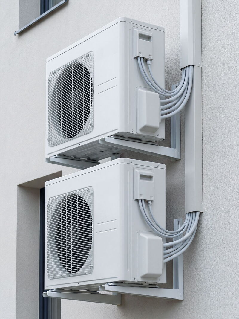 Moderne Klimaanlage mit Außen- und Inneneinheit an einer Gebäudefassade