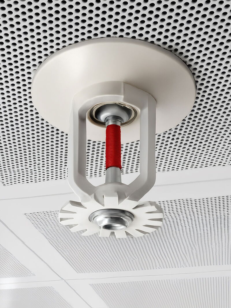 Nahaufnahme eines aktivierten Sprinklerkopfs in weißer Raumdecke
